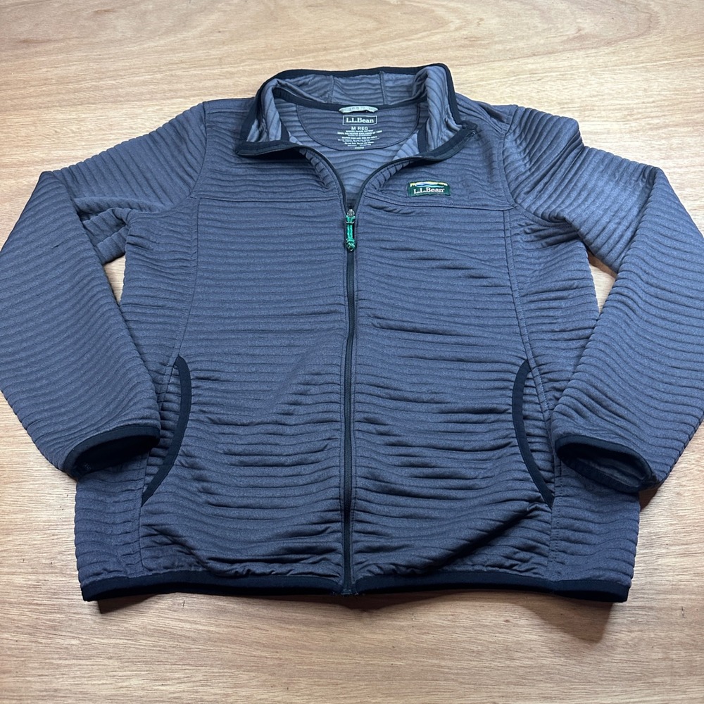 LL Bean Womens Medium Full Zip Ribbed Fleece Jacket Gray Lightweight